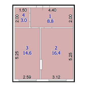 1 комнатная 42.8м²