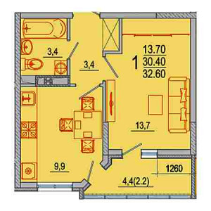 1 комнатная 32.6м²