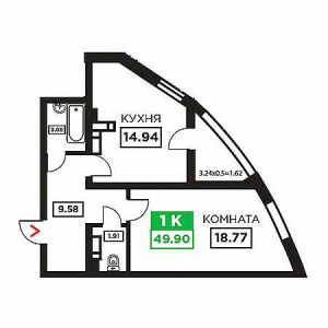 1 комнатная 49.9м²