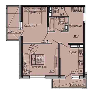 2 комнатная 59.61м²