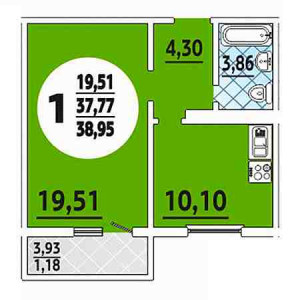 1 комнатная 38.95м²