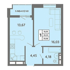 1 комнатная 39.96м²