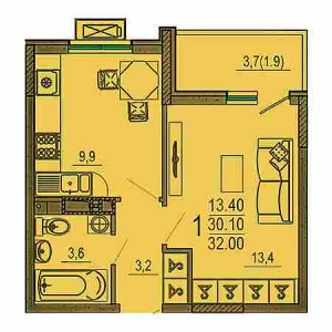 1 комнатная 32м²