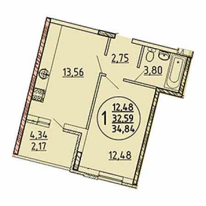 1 комнатная 34.84м²