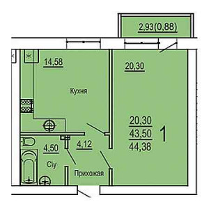 1 комнатная 44.38м²