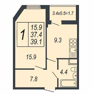 1 комнатная 39.1м²