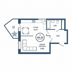 1 комнатная 49.35м²