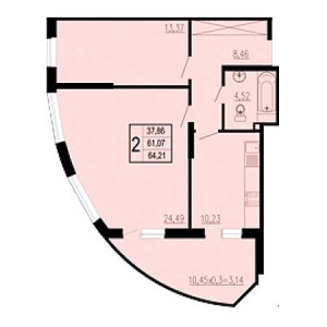 2 комнатная 64.21м²