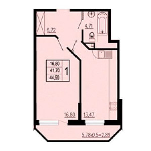 1 комнатная 44.59м²