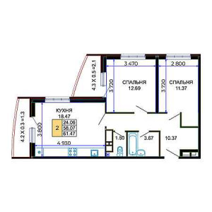 2 комнатная 61.47м²