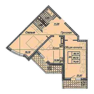 2 комнатная 74.45м²