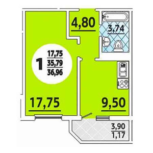 1 комнатная 36.96м²