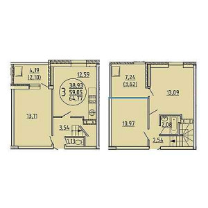 3 комнатная 64.77м²