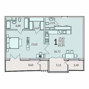 1 комнатная 85.93м²