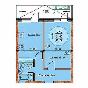 1 комнатная 33.75м²