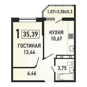 1 комнатная 35.39м²