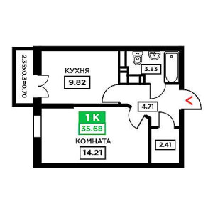 1 комнатная 35.68м²