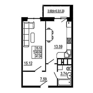 1 комнатная 41.24м²