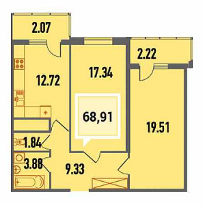 2 комнатная 68.91м²