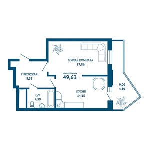 1 комнатная 49.63м²