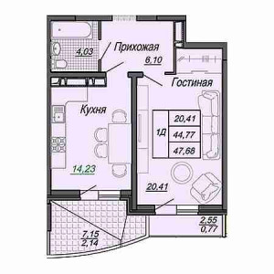 1 комнатная 47.68м²