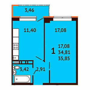 1 комнатная 35.85м²