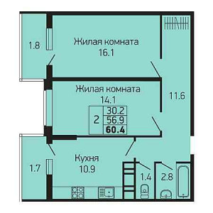 2 комнатная 60.4м²