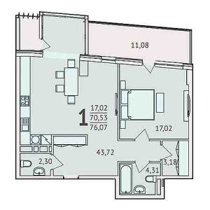 1 комнатная 76.07м²