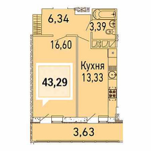 1 комнатная 43.29м²