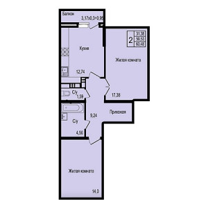 2 комнатная 60.48м²