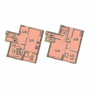 3 комнатная 56.5м²