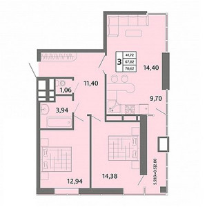 3 комнатная 70.62м²