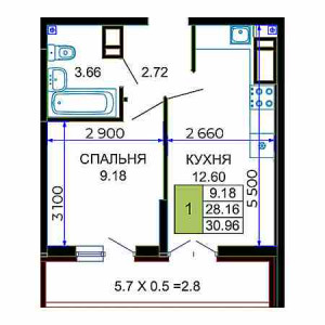 1 комнатная 30.96м²