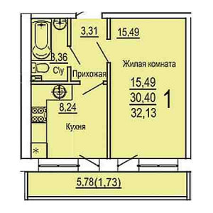 1 комнатная 32.13м²