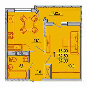 1 комнатная 34.9м²