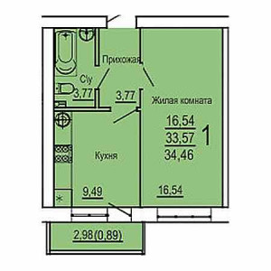 1 комнатная 34.46м²