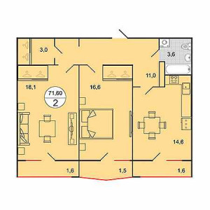 2 комнатная 71.6м²