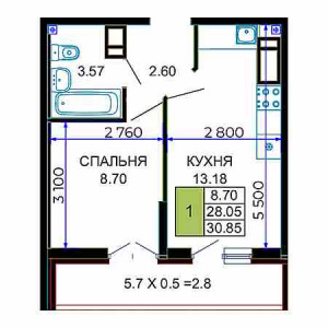 1 комнатная 30.85м²