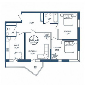 3 комнатная 106.46м²