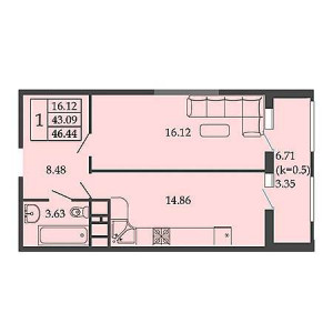 1 комнатная 46.44м²