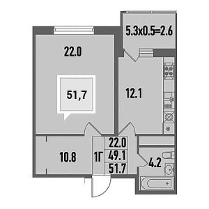 1 комнатная 51.7м²