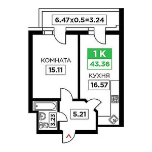 1 комнатная 43.36м²