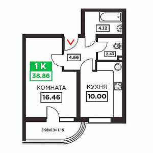 1 комнатная 38.86м²