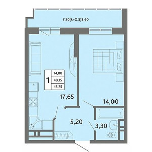 1 комнатная 43.75м²