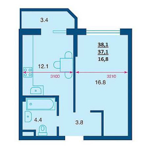 1 комнатная 38.1м²