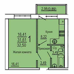 1 комнатная 32.5м²