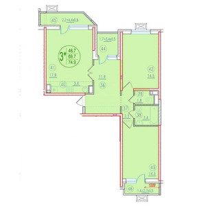 3 комнатная 74.9м²