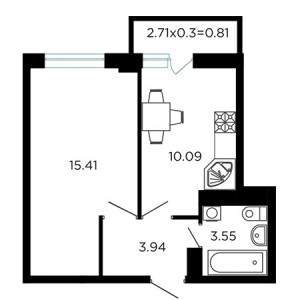 1 комнатная 35.7м²