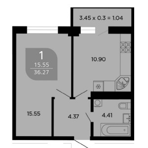 1 комнатная 36.27м²