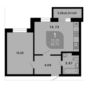 1 комнатная 40.75м²